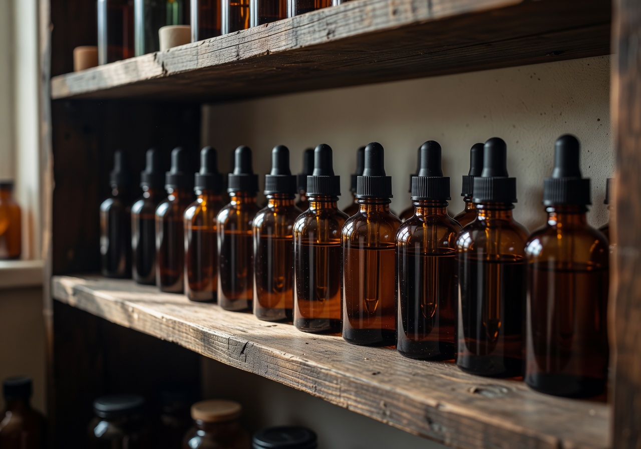 Amber glass tincture bottles on a wooden shelf