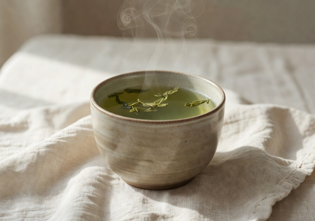 Ceramic cup of green tea on linen cloth