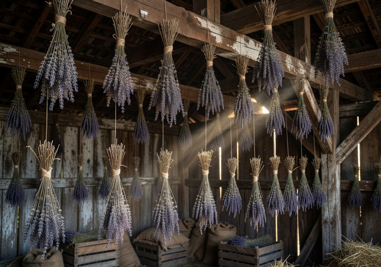 Dried lavender bundles hanging from rafters