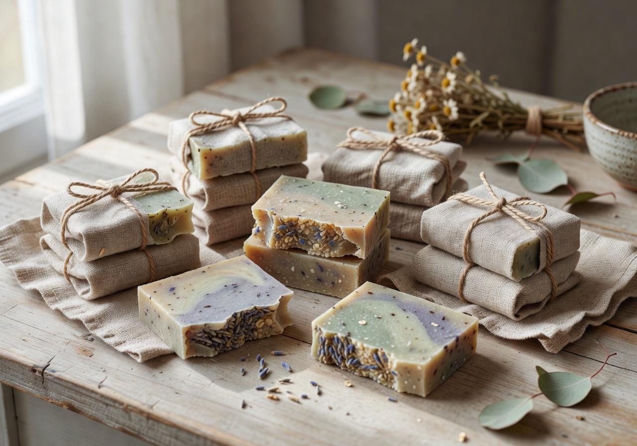 Handmade herbal soap bars wrapped in linen
