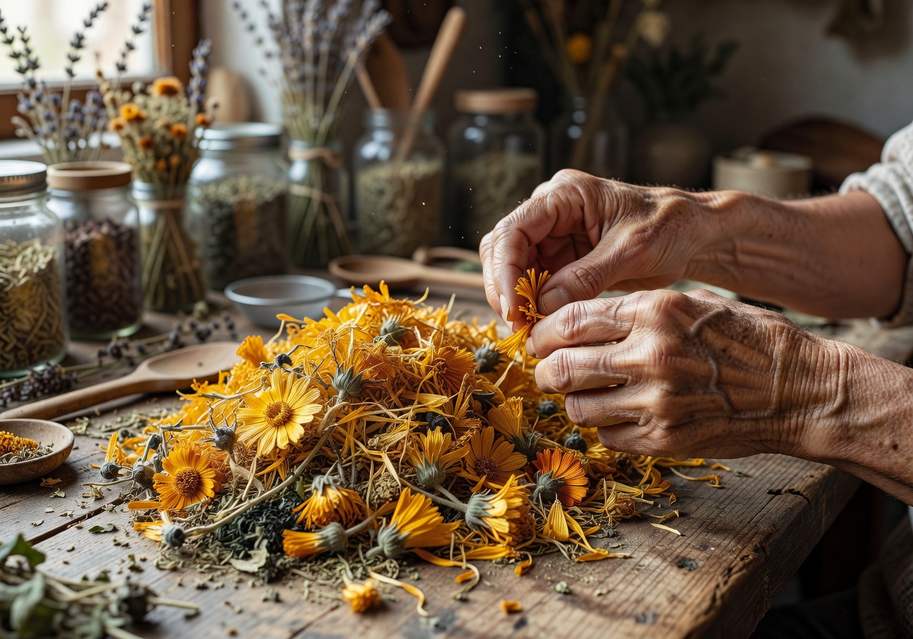 Herbalist hands sorting dried calendula flowers