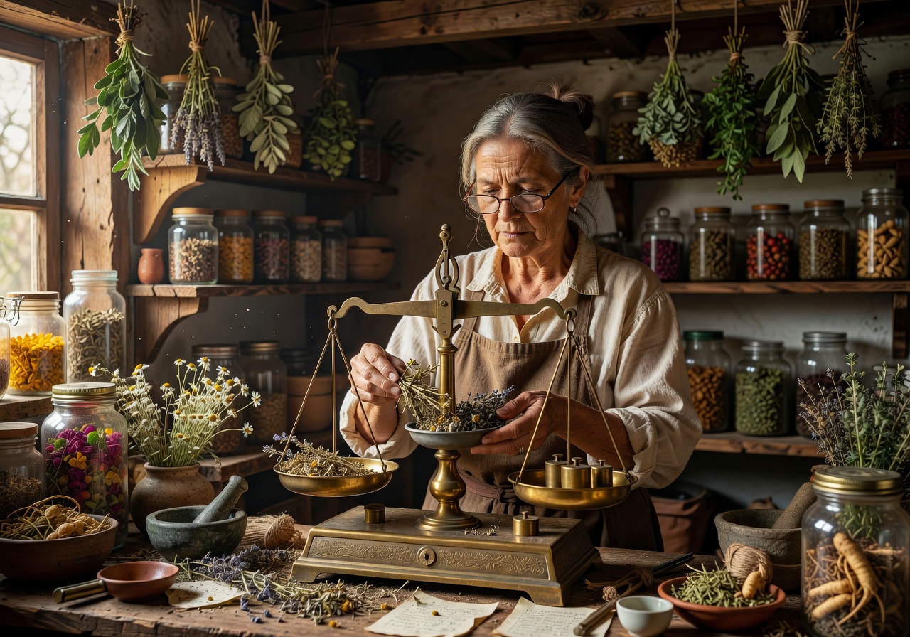 Herbalist measuring herbs on a brass scale