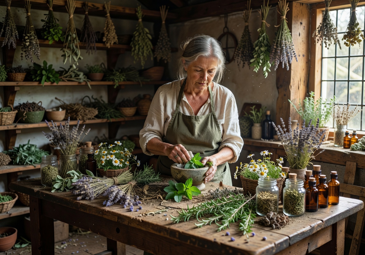 Herbalist working at a wooden bench surrounded by botanicals