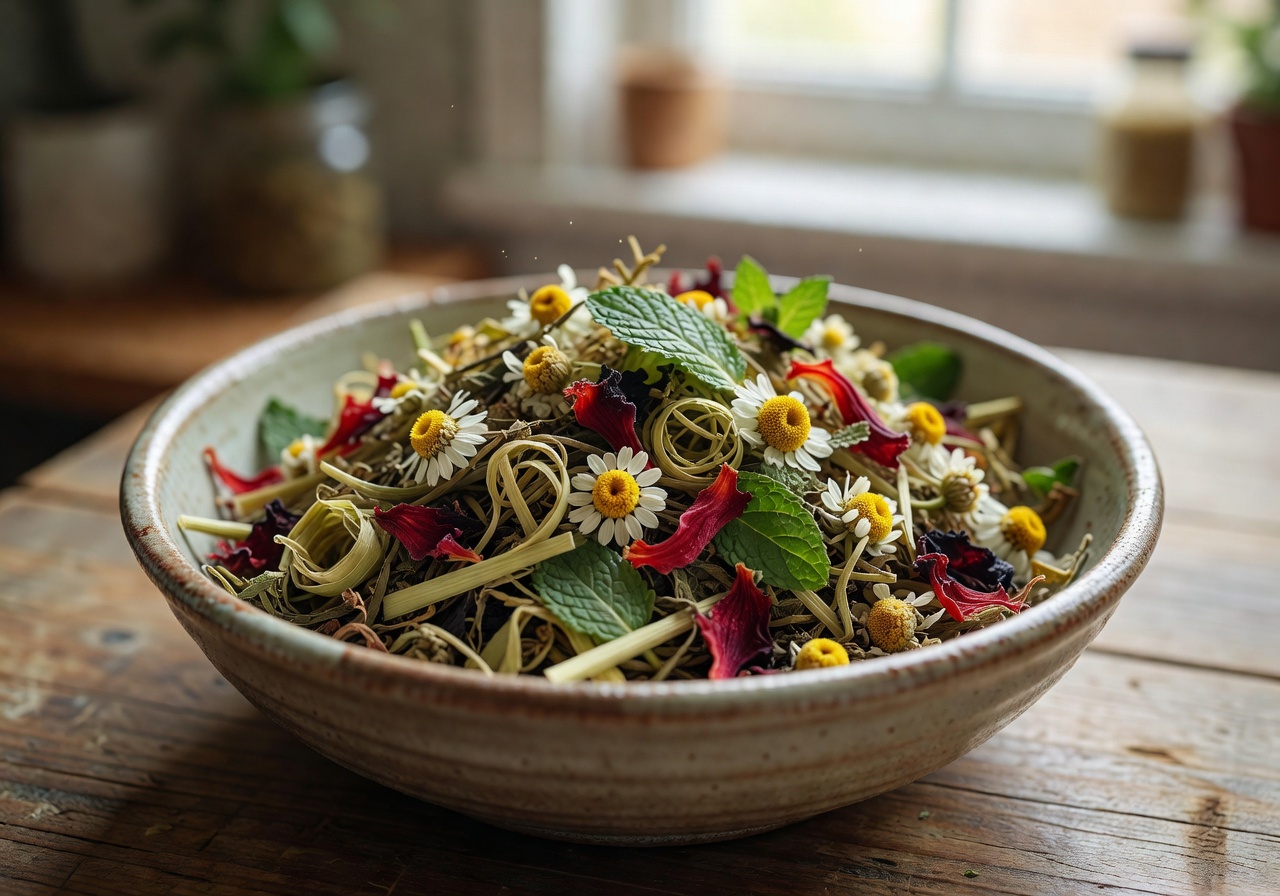 Loose leaf herbal tea blend in a ceramic bowl