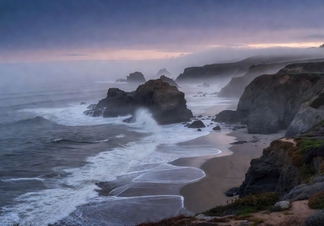 Pacific coastline at dusk with soft fog