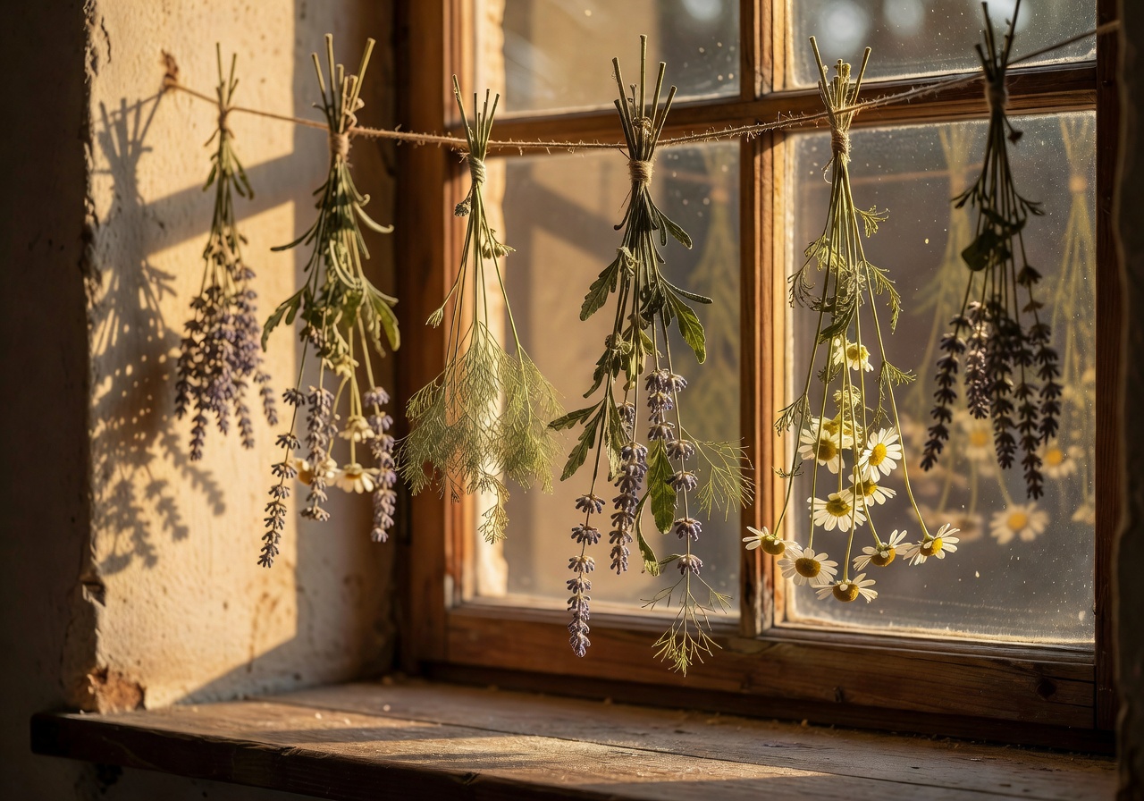 Soft botanical herbs drying in warm window light