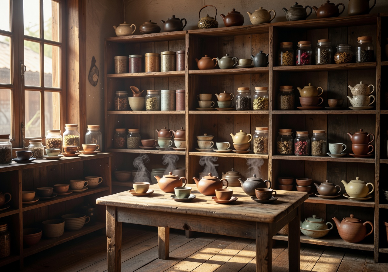 Warm sunlit tea house interior with wooden shelves