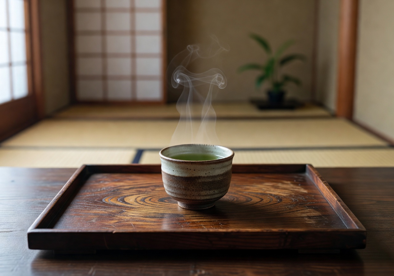 Wooden tea ceremony tray with steaming cup